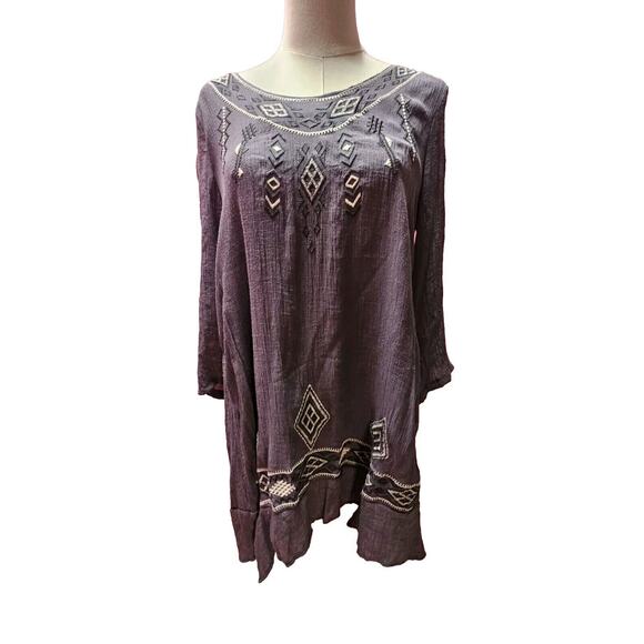 Monoreno Anthropologie Gray Tunic Dress Embroidered Aztec Gauze Split Back Med M - Picture 1 of 5